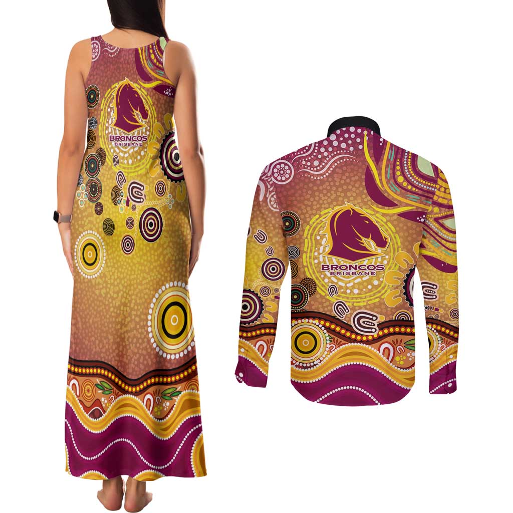 Brisbane Broncos Rugby Couples Matching Tank Maxi Dress and Long Sleeve Button Shirt Australian Aboriginal Dot Painting Style