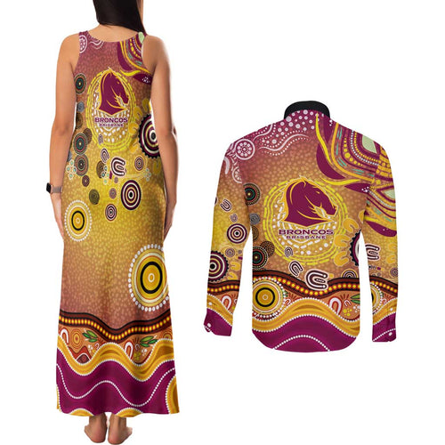 Brisbane Broncos Rugby Couples Matching Tank Maxi Dress and Long Sleeve Button Shirt Australian Aboriginal Dot Painting Style