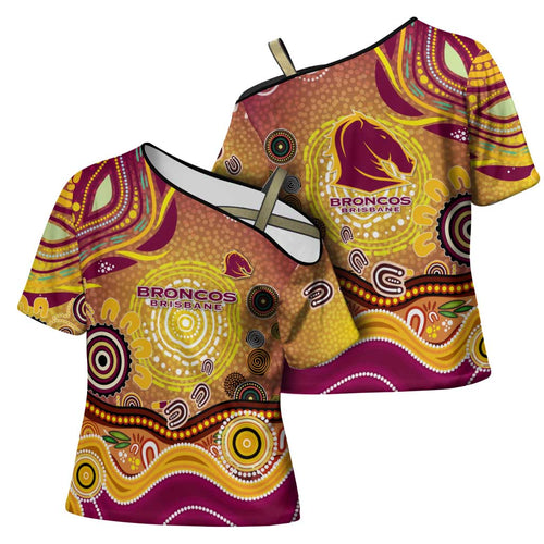 Brisbane Broncos Rugby Cross Shoulder Shirt Australian Aboriginal Dot Painting Style