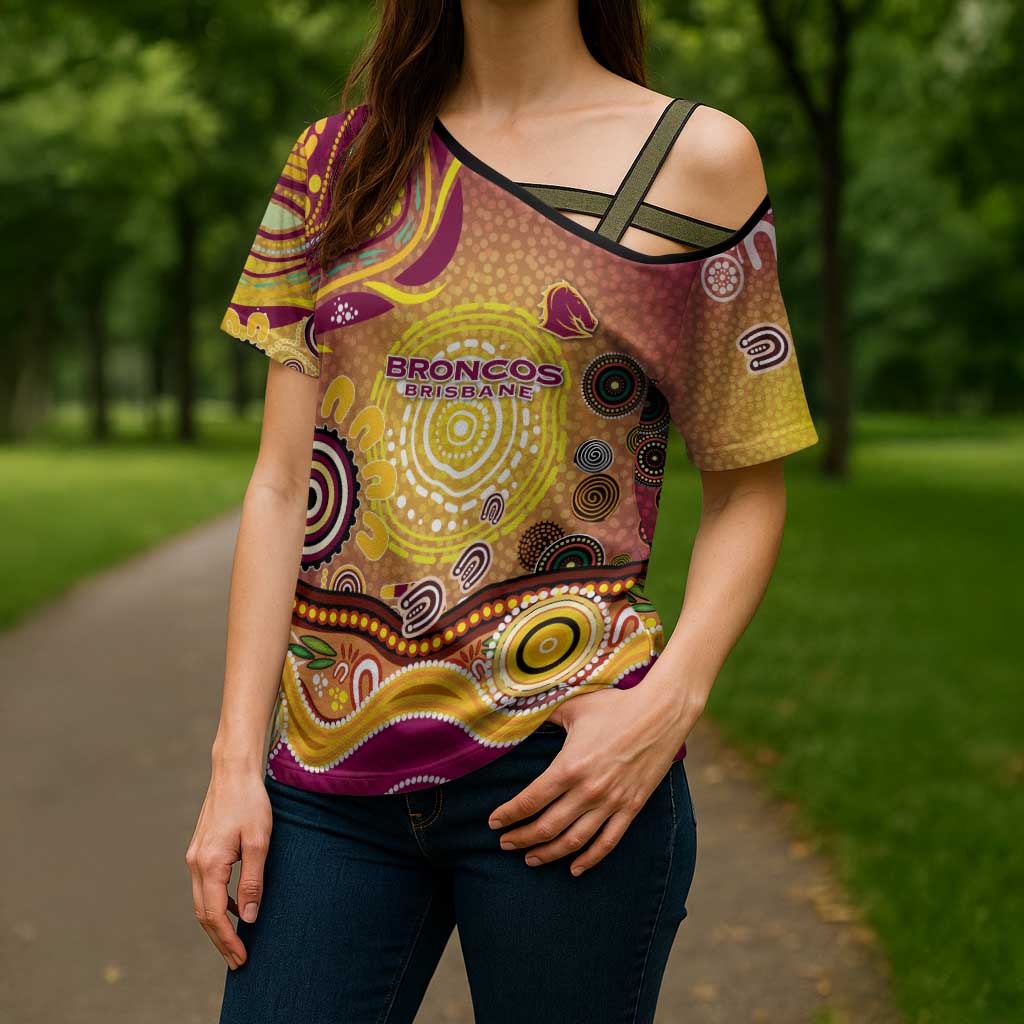 Brisbane Broncos Rugby Cross Shoulder Shirt Australian Aboriginal Dot Painting Style