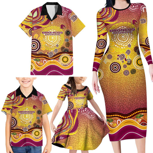 Brisbane Broncos Rugby Family Matching Long Sleeve Bodycon Dress and Hawaiian Shirt Australian Aboriginal Dot Painting Style
