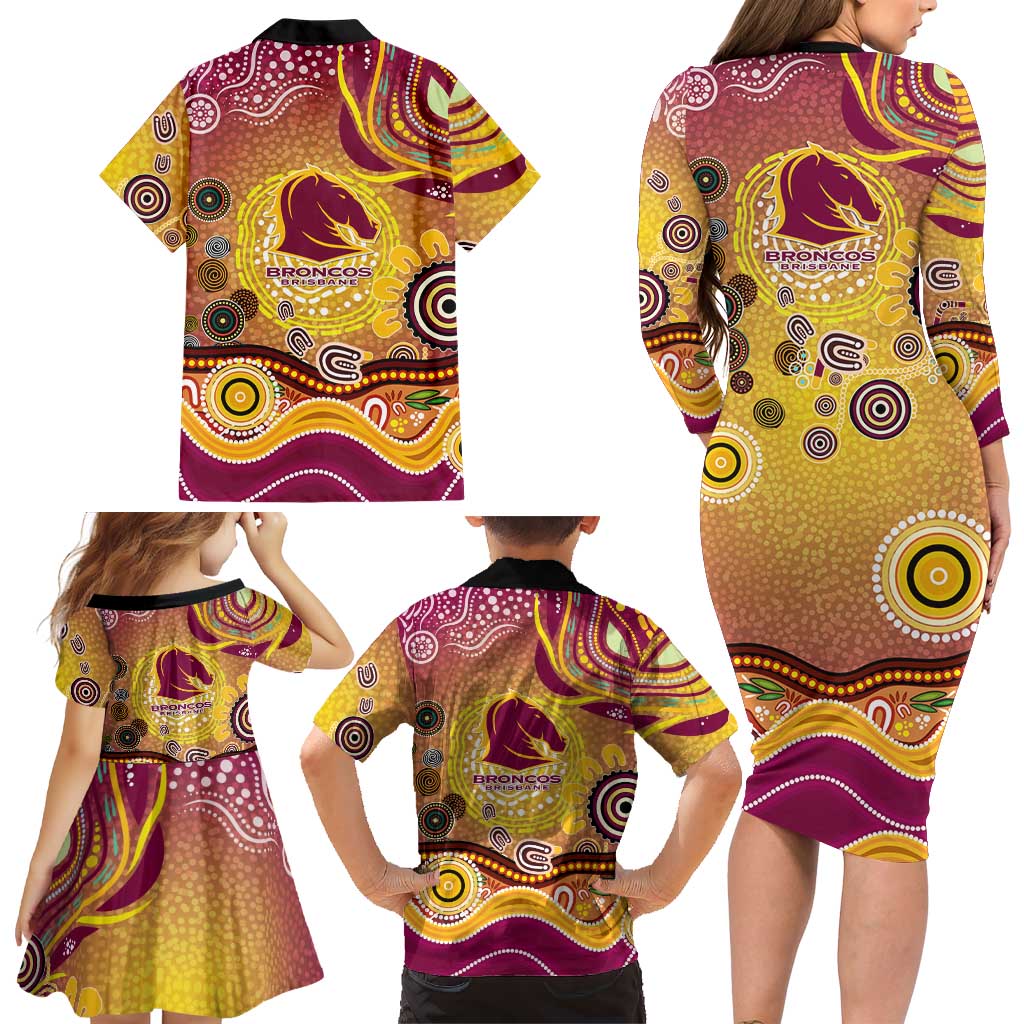 Brisbane Broncos Rugby Family Matching Long Sleeve Bodycon Dress and Hawaiian Shirt Australian Aboriginal Dot Painting Style
