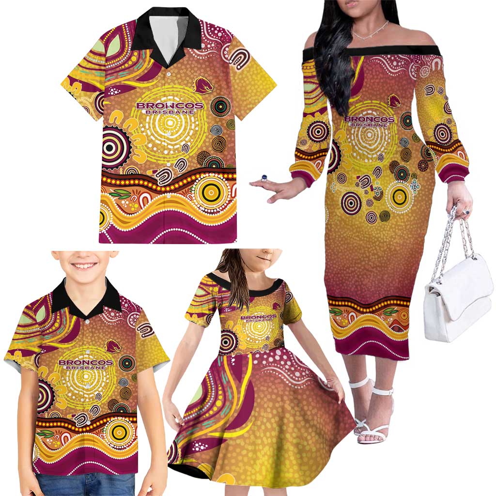 Brisbane Broncos Rugby Family Matching Off The Shoulder Long Sleeve Dress and Hawaiian Shirt Australian Aboriginal Dot Painting Style