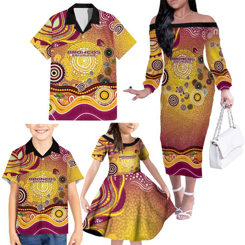 Brisbane Broncos Rugby Family Matching Off The Shoulder Long Sleeve Dress and Hawaiian Shirt Australian Aboriginal Dot Painting Style