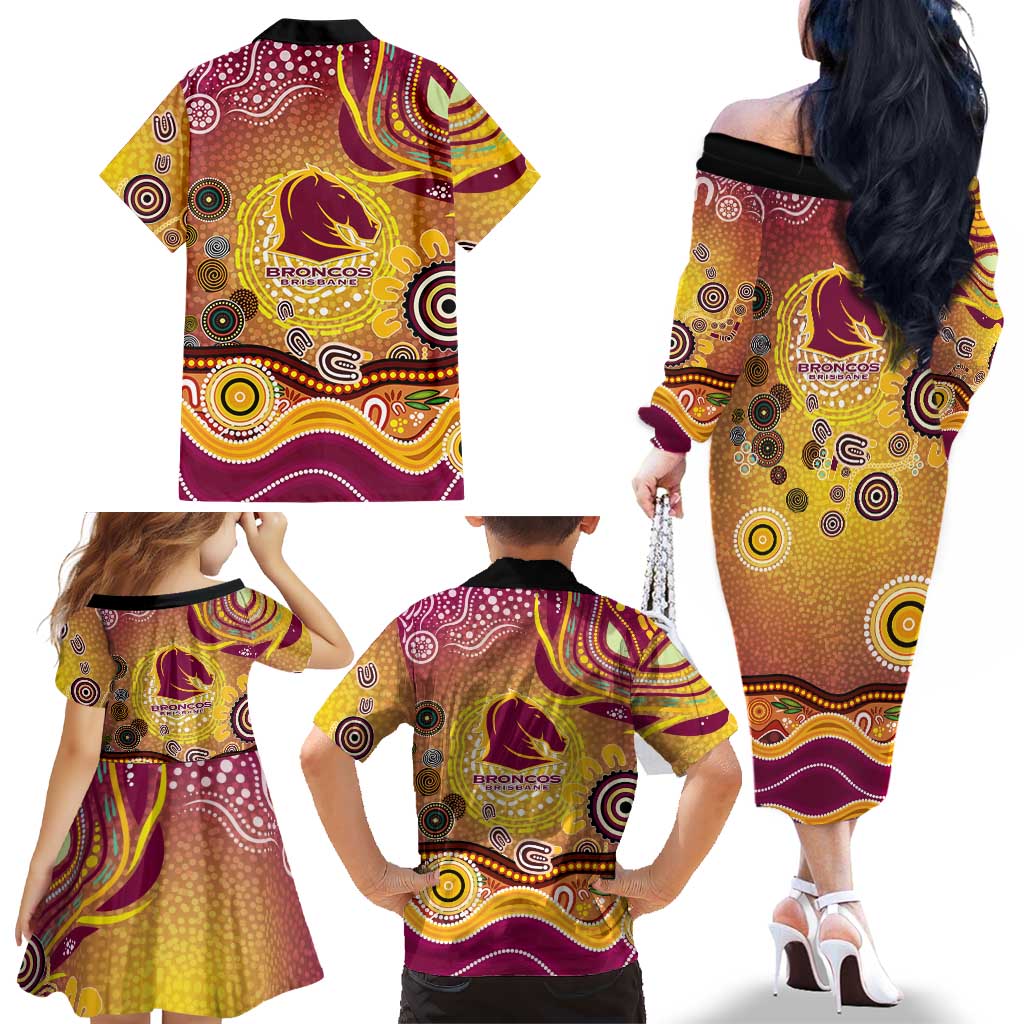 Brisbane Broncos Rugby Family Matching Off The Shoulder Long Sleeve Dress and Hawaiian Shirt Australian Aboriginal Dot Painting Style