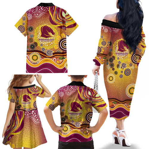 Brisbane Broncos Rugby Family Matching Off The Shoulder Long Sleeve Dress and Hawaiian Shirt Australian Aboriginal Dot Painting Style