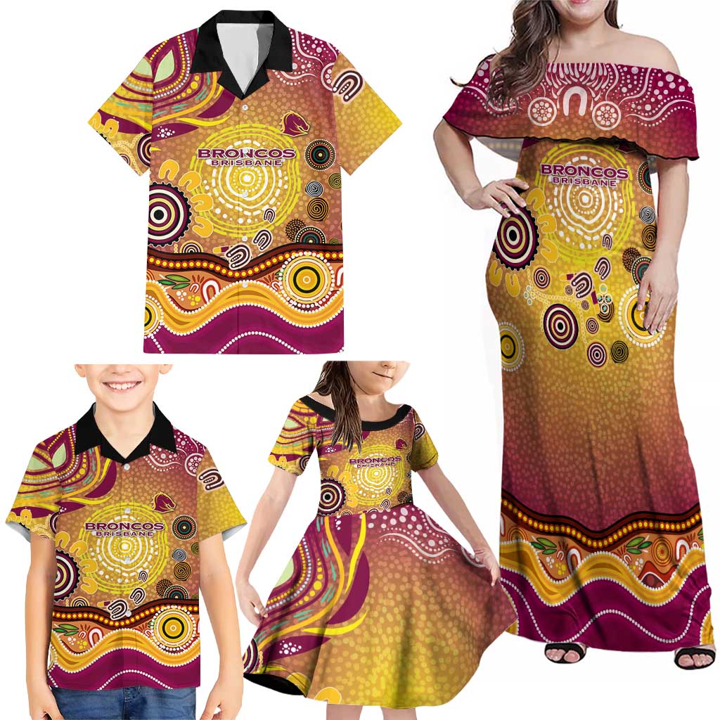 Brisbane Broncos Rugby Family Matching Off Shoulder Maxi Dress and Hawaiian Shirt Australian Aboriginal Dot Painting Style