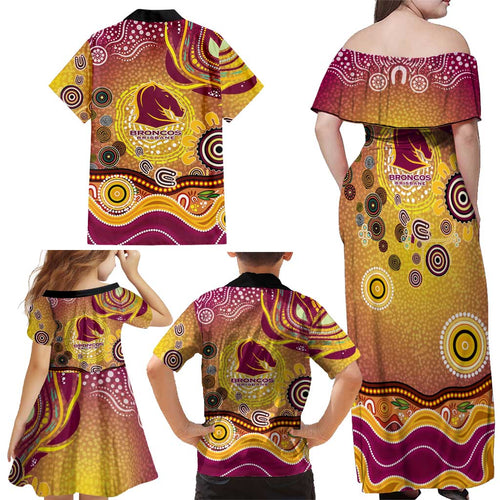 Brisbane Broncos Rugby Family Matching Off Shoulder Maxi Dress and Hawaiian Shirt Australian Aboriginal Dot Painting Style