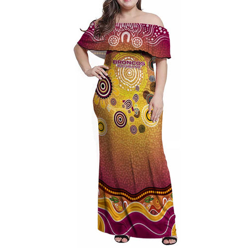 Brisbane Broncos Rugby Family Matching Off Shoulder Maxi Dress and Hawaiian Shirt Australian Aboriginal Dot Painting Style