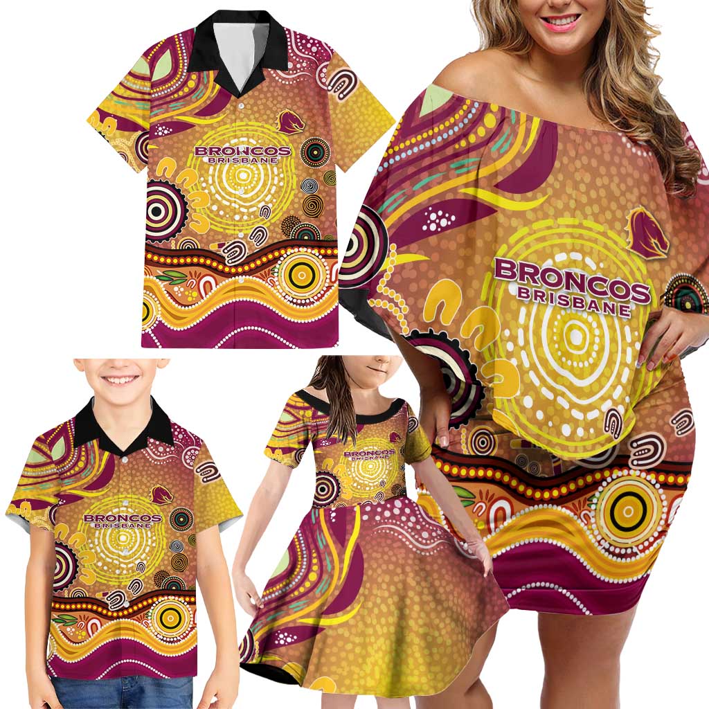 Brisbane Broncos Rugby Family Matching Off Shoulder Short Dress and Hawaiian Shirt Australian Aboriginal Dot Painting Style