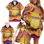 Brisbane Broncos Rugby Family Matching Off Shoulder Short Dress and Hawaiian Shirt Australian Aboriginal Dot Painting Style