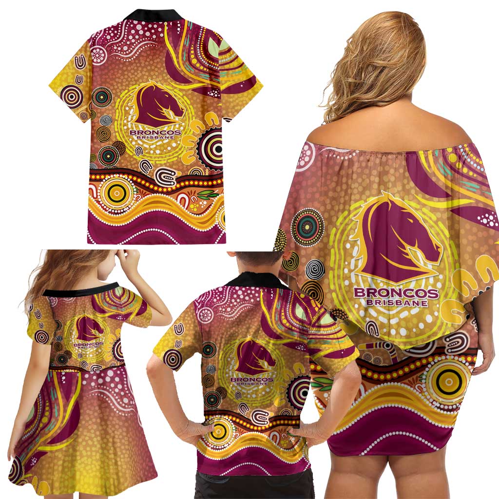 Brisbane Broncos Rugby Family Matching Off Shoulder Short Dress and Hawaiian Shirt Australian Aboriginal Dot Painting Style