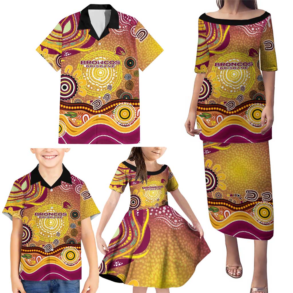 Brisbane Broncos Rugby Family Matching Puletasi and Hawaiian Shirt Australian Aboriginal Dot Painting Style