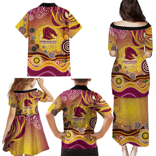 Brisbane Broncos Rugby Family Matching Puletasi and Hawaiian Shirt Australian Aboriginal Dot Painting Style
