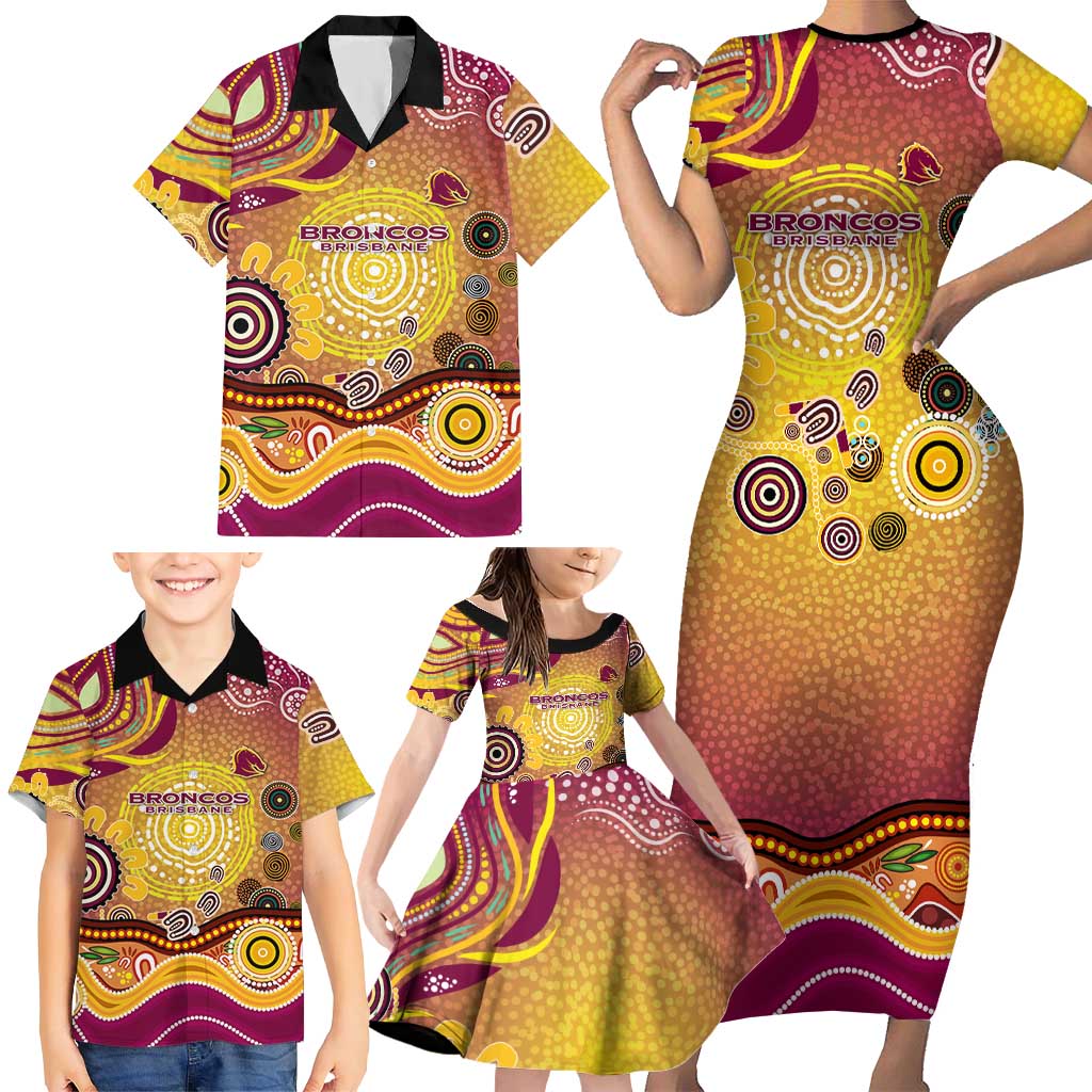 Brisbane Broncos Rugby Family Matching Short Sleeve Bodycon Dress and Hawaiian Shirt Australian Aboriginal Dot Painting Style