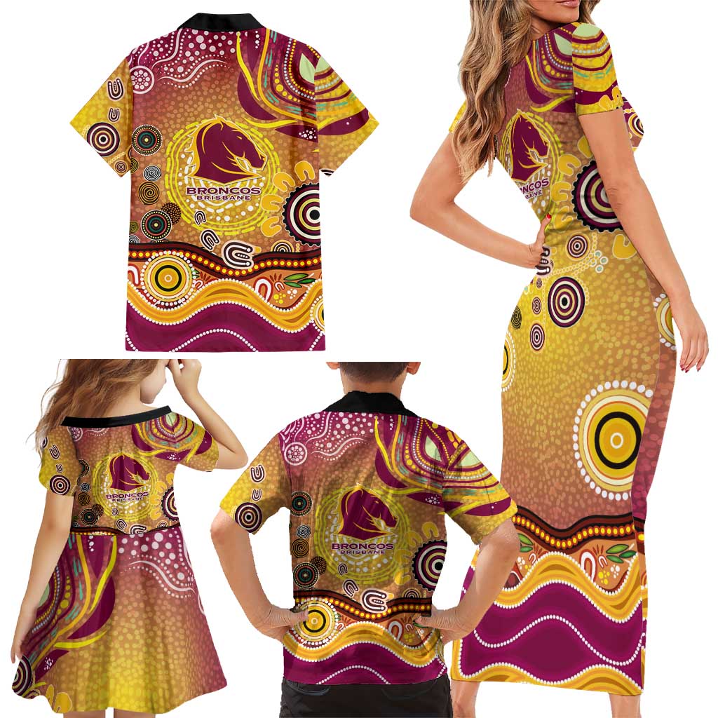 Brisbane Broncos Rugby Family Matching Short Sleeve Bodycon Dress and Hawaiian Shirt Australian Aboriginal Dot Painting Style