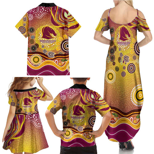 Brisbane Broncos Rugby Family Matching Summer Maxi Dress and Hawaiian Shirt Australian Aboriginal Dot Painting Style