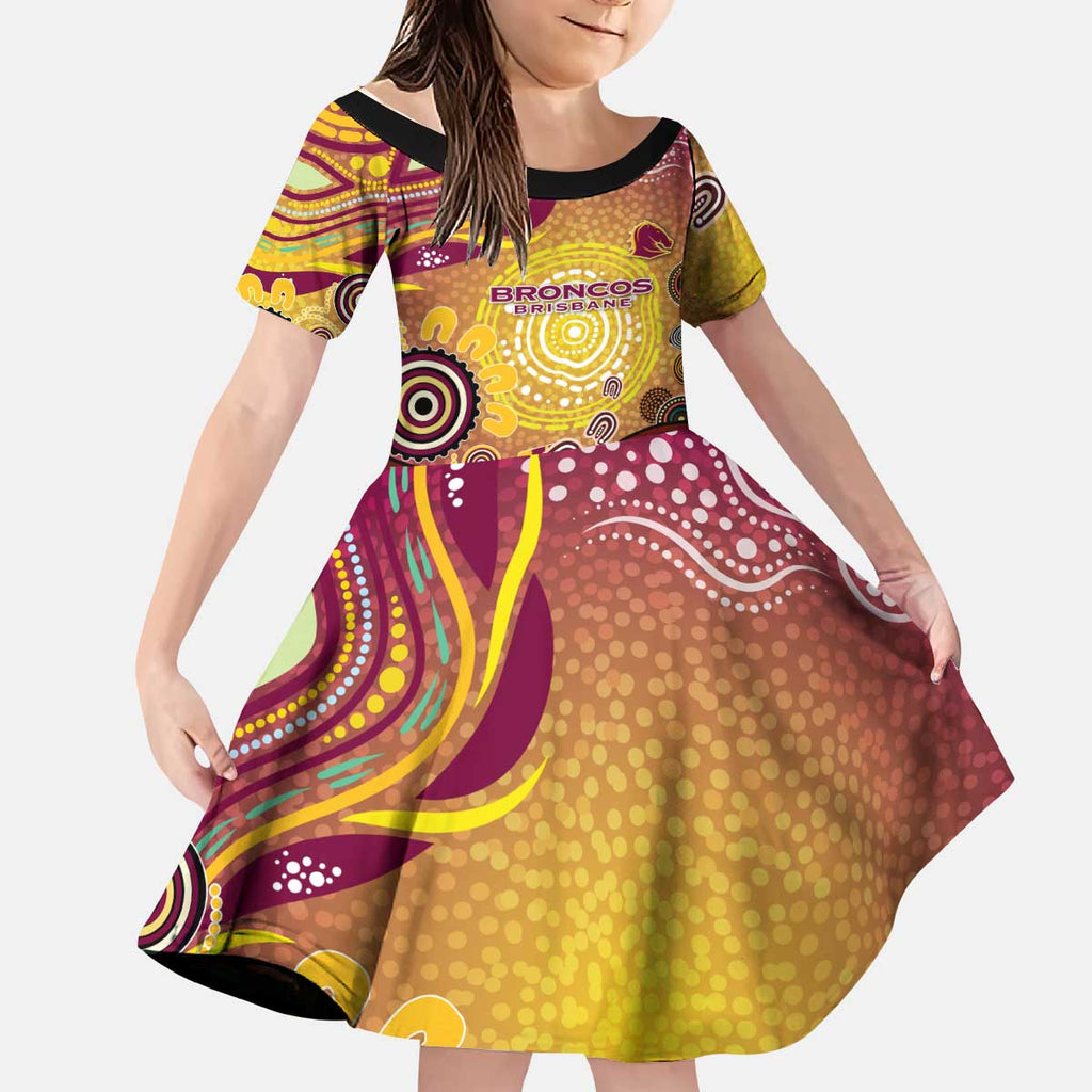 Brisbane Broncos Rugby Kid Short Sleeve Dress Australian Aboriginal Dot Painting Style