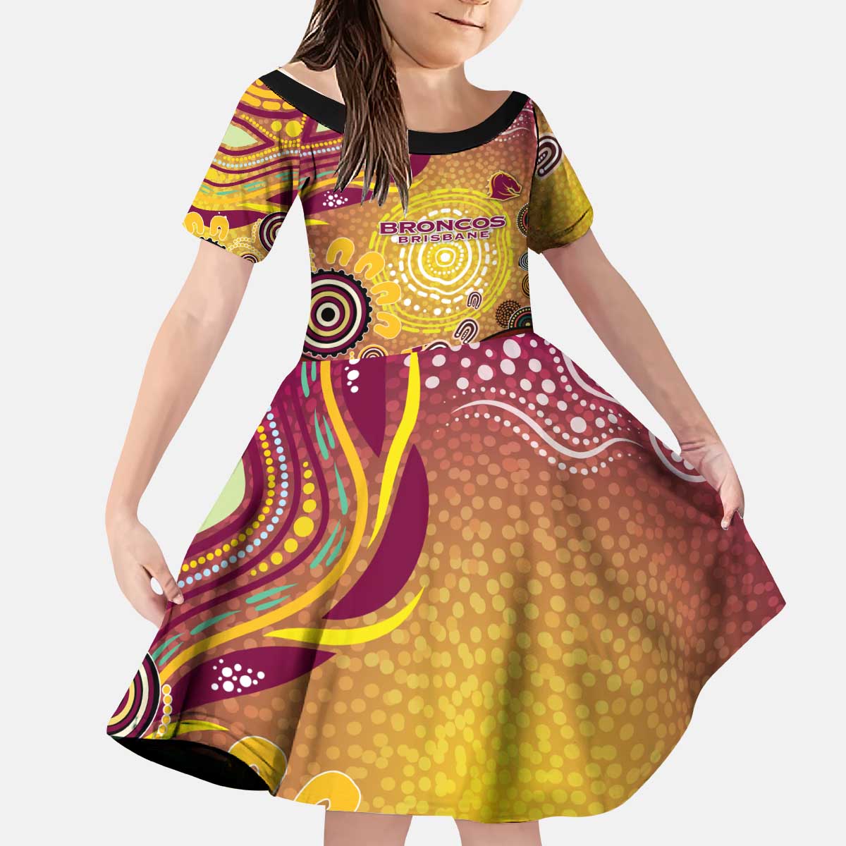 Brisbane Broncos Rugby Kid Short Sleeve Dress Australian Aboriginal Dot Painting Style