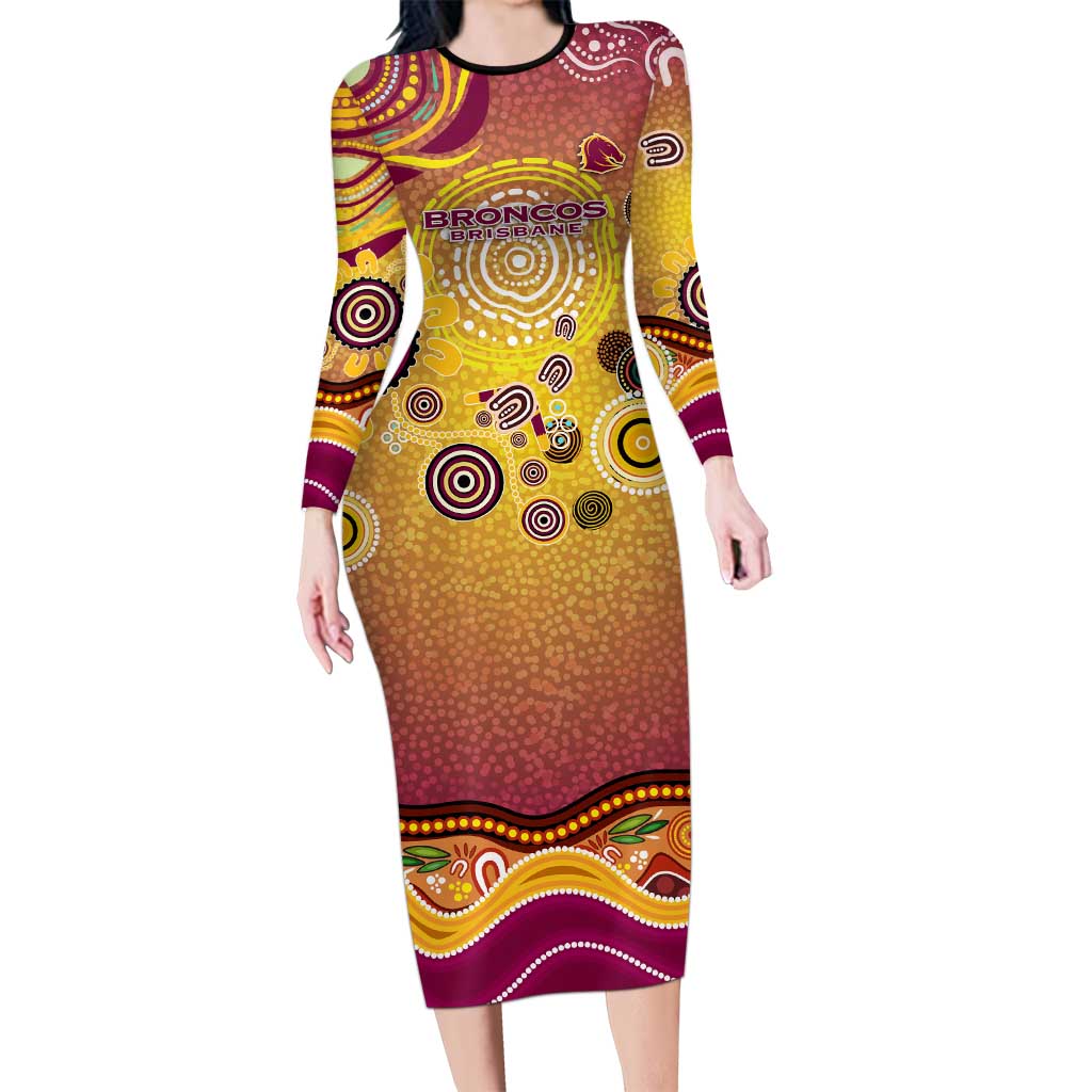 Brisbane Broncos Rugby Long Sleeve Bodycon Dress Australian Aboriginal Dot Painting Style