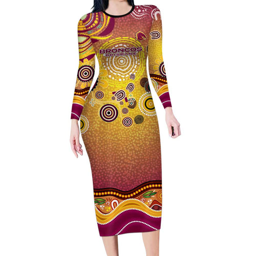 Brisbane Broncos Rugby Long Sleeve Bodycon Dress Australian Aboriginal Dot Painting Style