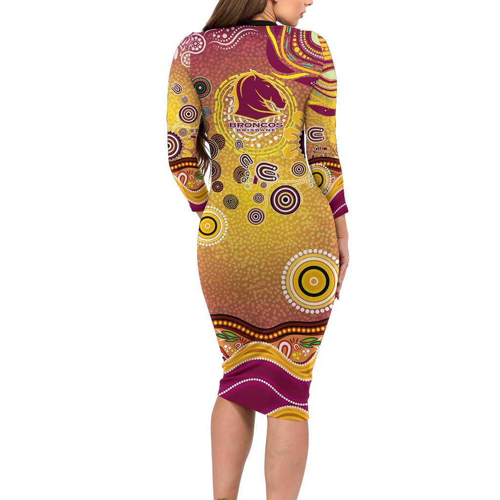 Brisbane Broncos Rugby Long Sleeve Bodycon Dress Australian Aboriginal Dot Painting Style