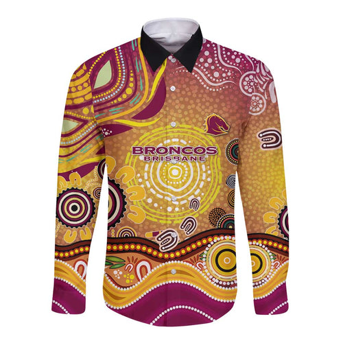 Brisbane Broncos Rugby Long Sleeve Button Shirt Australian Aboriginal Dot Painting Style