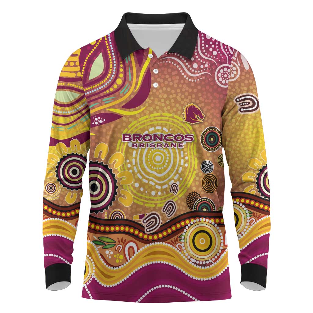 Brisbane Broncos Rugby Long Sleeve Polo Shirt Australian Aboriginal Dot Painting Style