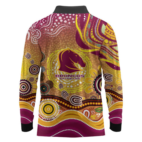 Brisbane Broncos Rugby Long Sleeve Polo Shirt Australian Aboriginal Dot Painting Style