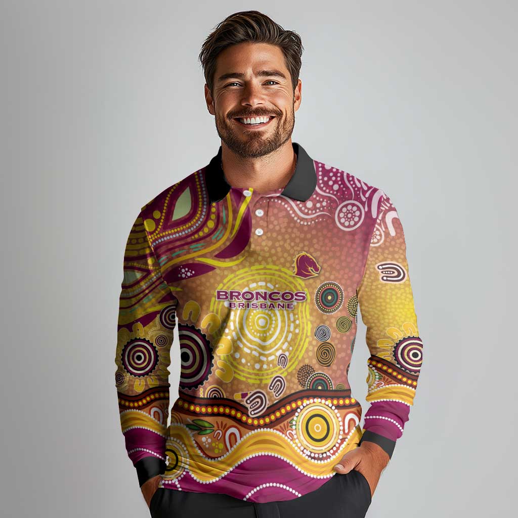 Brisbane Broncos Rugby Long Sleeve Polo Shirt Australian Aboriginal Dot Painting Style