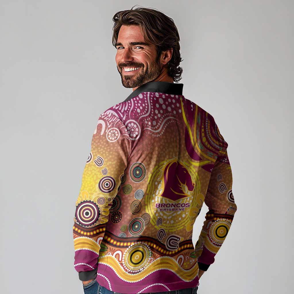 Brisbane Broncos Rugby Long Sleeve Polo Shirt Australian Aboriginal Dot Painting Style