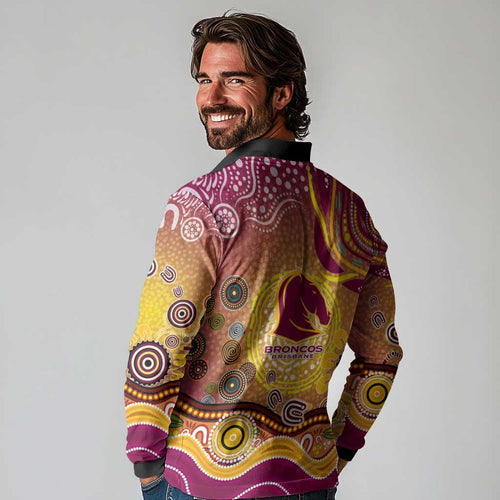 Brisbane Broncos Rugby Long Sleeve Polo Shirt Australian Aboriginal Dot Painting Style
