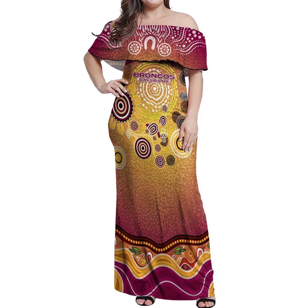 Brisbane Broncos Rugby Off Shoulder Maxi Dress Australian Aboriginal Dot Painting Style