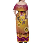 Brisbane Broncos Rugby Off Shoulder Maxi Dress Australian Aboriginal Dot Painting Style