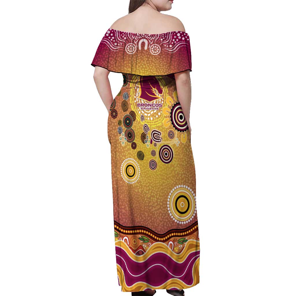 Brisbane Broncos Rugby Off Shoulder Maxi Dress Australian Aboriginal Dot Painting Style