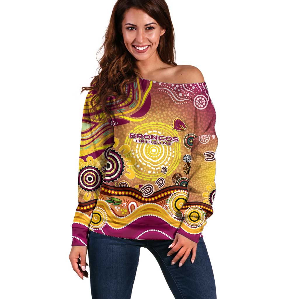 Brisbane Broncos Rugby Off Shoulder Sweater Australian Aboriginal Dot Painting Style