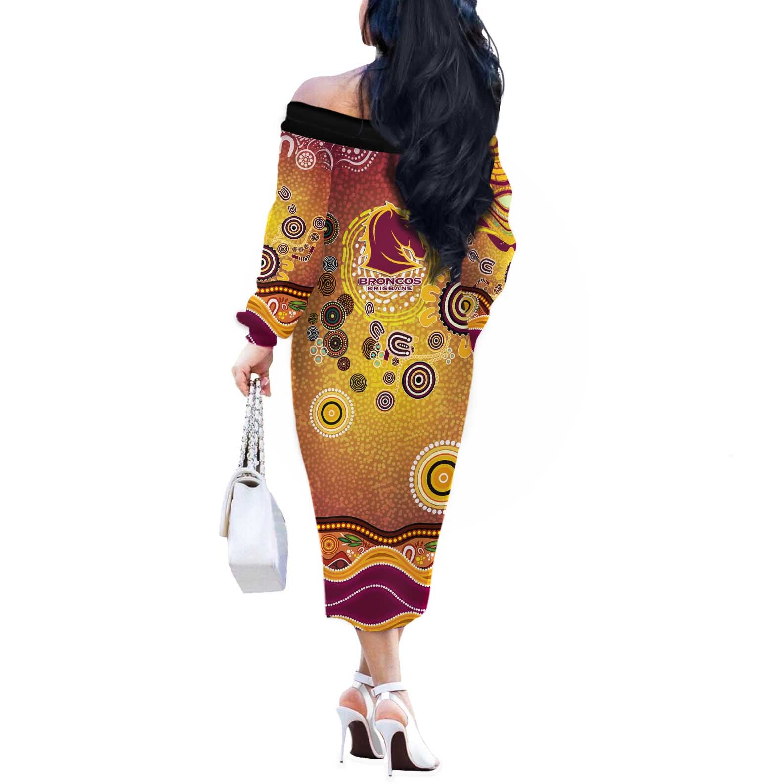 Brisbane Broncos Rugby Off The Shoulder Long Sleeve Dress Australian Aboriginal Dot Painting Style