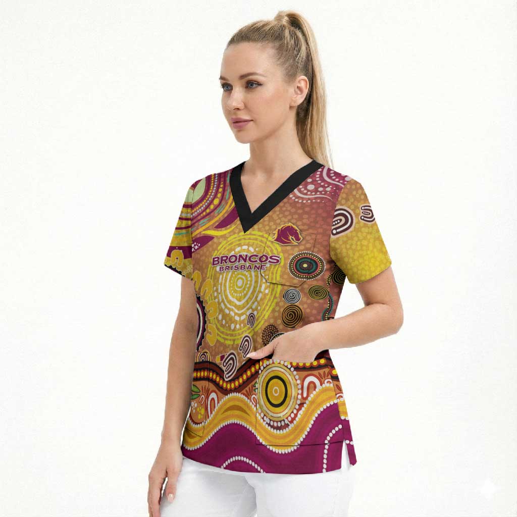 Brisbane Broncos Rugby Scrub Top Australian Aboriginal Dot Painting Style