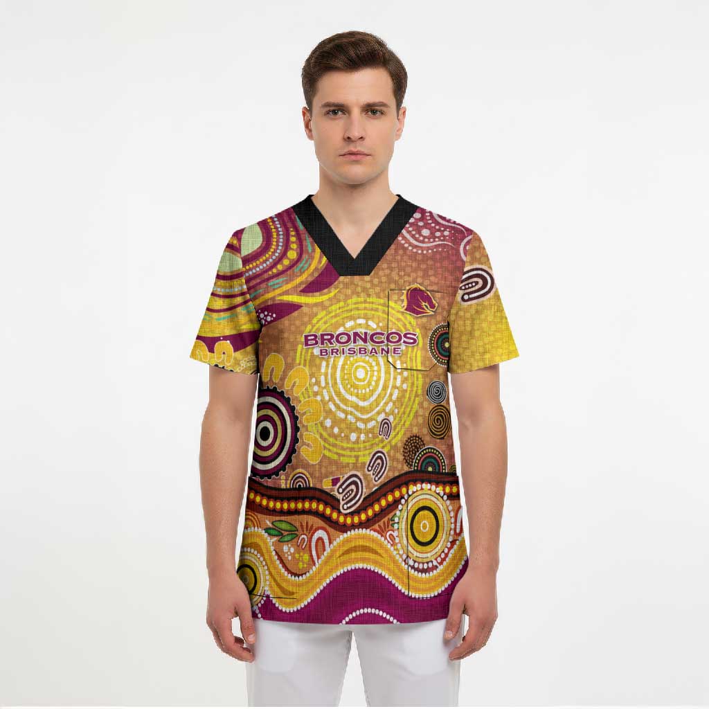 Brisbane Broncos Rugby Scrub Top Australian Aboriginal Dot Painting Style