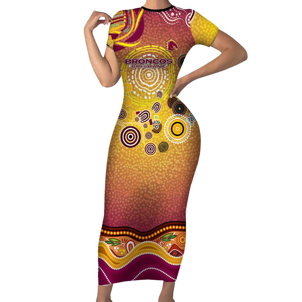 Brisbane Broncos Rugby Short Sleeve Bodycon Dress Australian Aboriginal Dot Painting Style