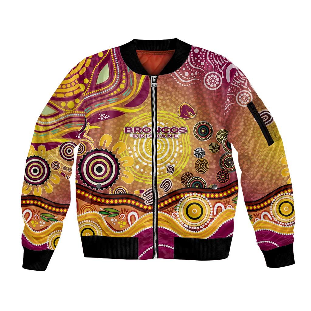 Brisbane Broncos Rugby Sleeve Zip Bomber Jacket Australian Aboriginal Dot Painting Style