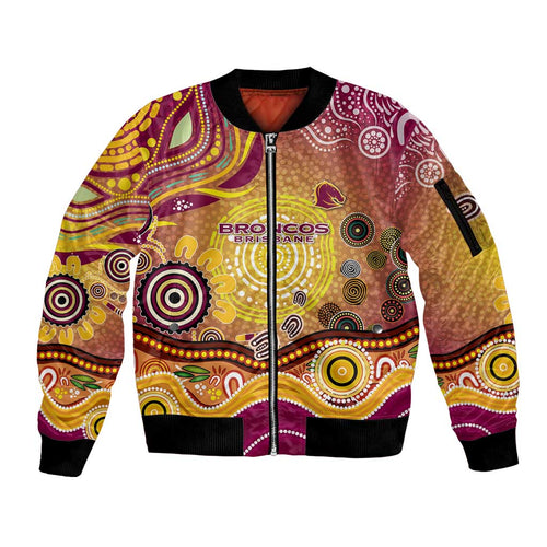 Brisbane Broncos Rugby Sleeve Zip Bomber Jacket Australian Aboriginal Dot Painting Style