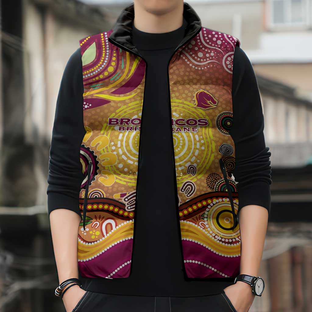 Brisbane Broncos Rugby Sleeveless Puffer Jacket Australian Aboriginal Dot Painting Style