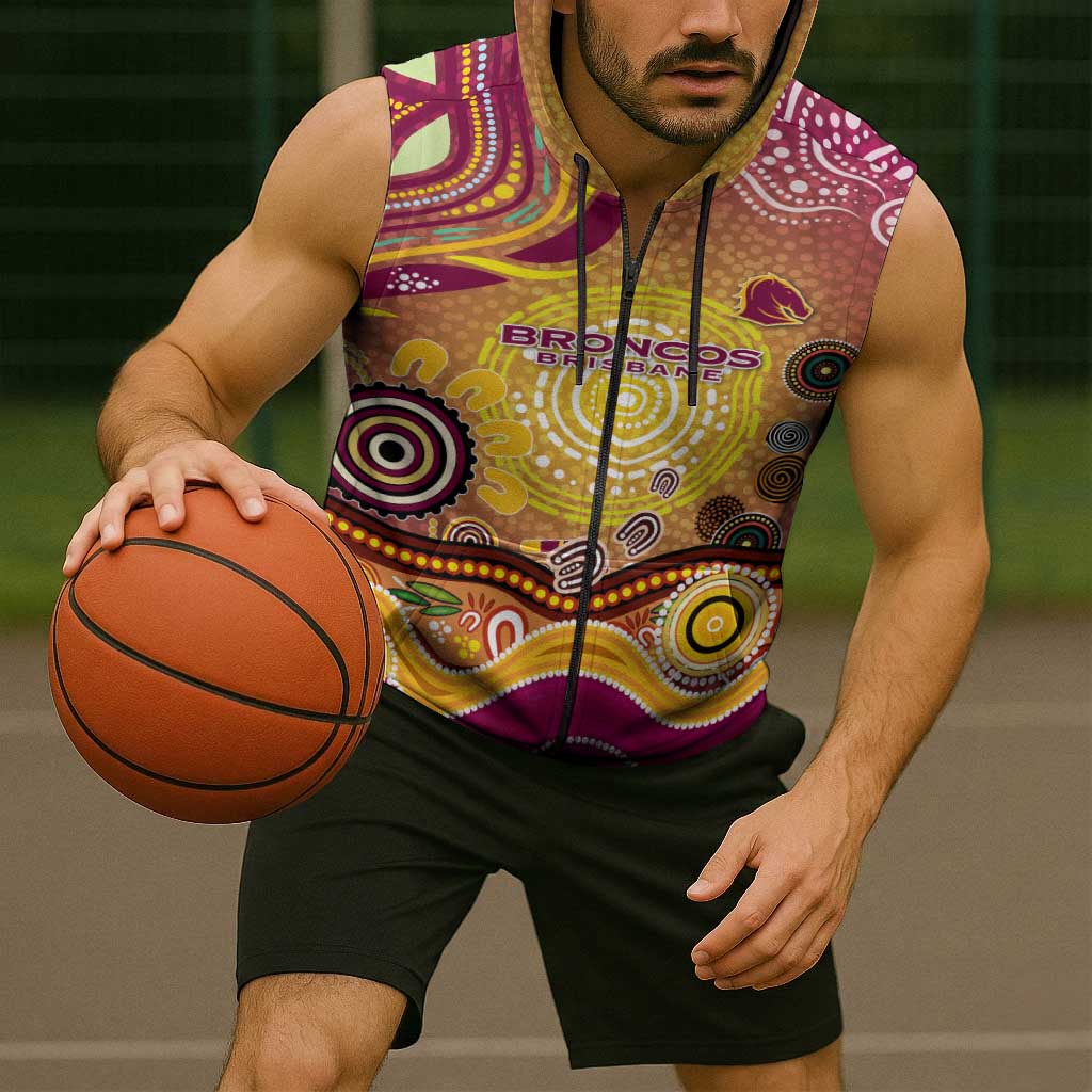 Brisbane Broncos Rugby Sleeveless Zip Hoodie Australian Aboriginal Dot Painting Style