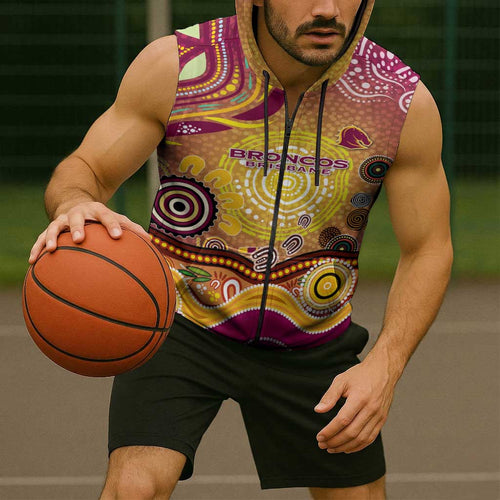 Brisbane Broncos Rugby Sleeveless Zip Hoodie Australian Aboriginal Dot Painting Style