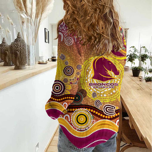 Brisbane Broncos Rugby Women Casual Shirt Australian Aboriginal Dot Painting Style