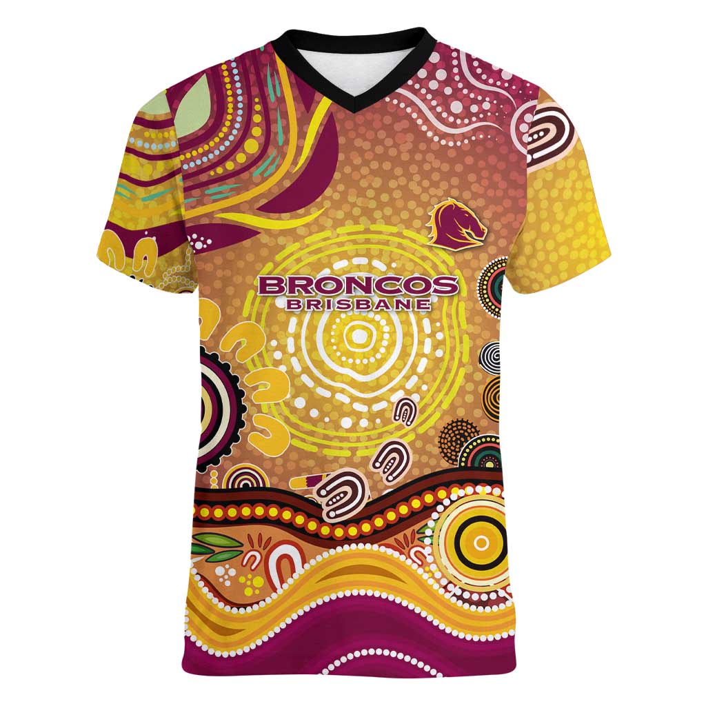 Brisbane Broncos Rugby Women V-Neck T-Shirt Australian Aboriginal Dot Painting Style