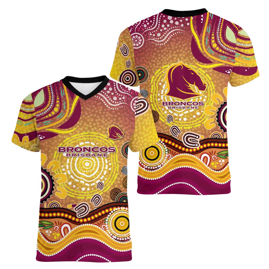 Brisbane Broncos Rugby Women V-Neck T-Shirt Australian Aboriginal Dot Painting Style