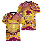 Brisbane Broncos Rugby Women V-Neck T-Shirt Australian Aboriginal Dot Painting Style
