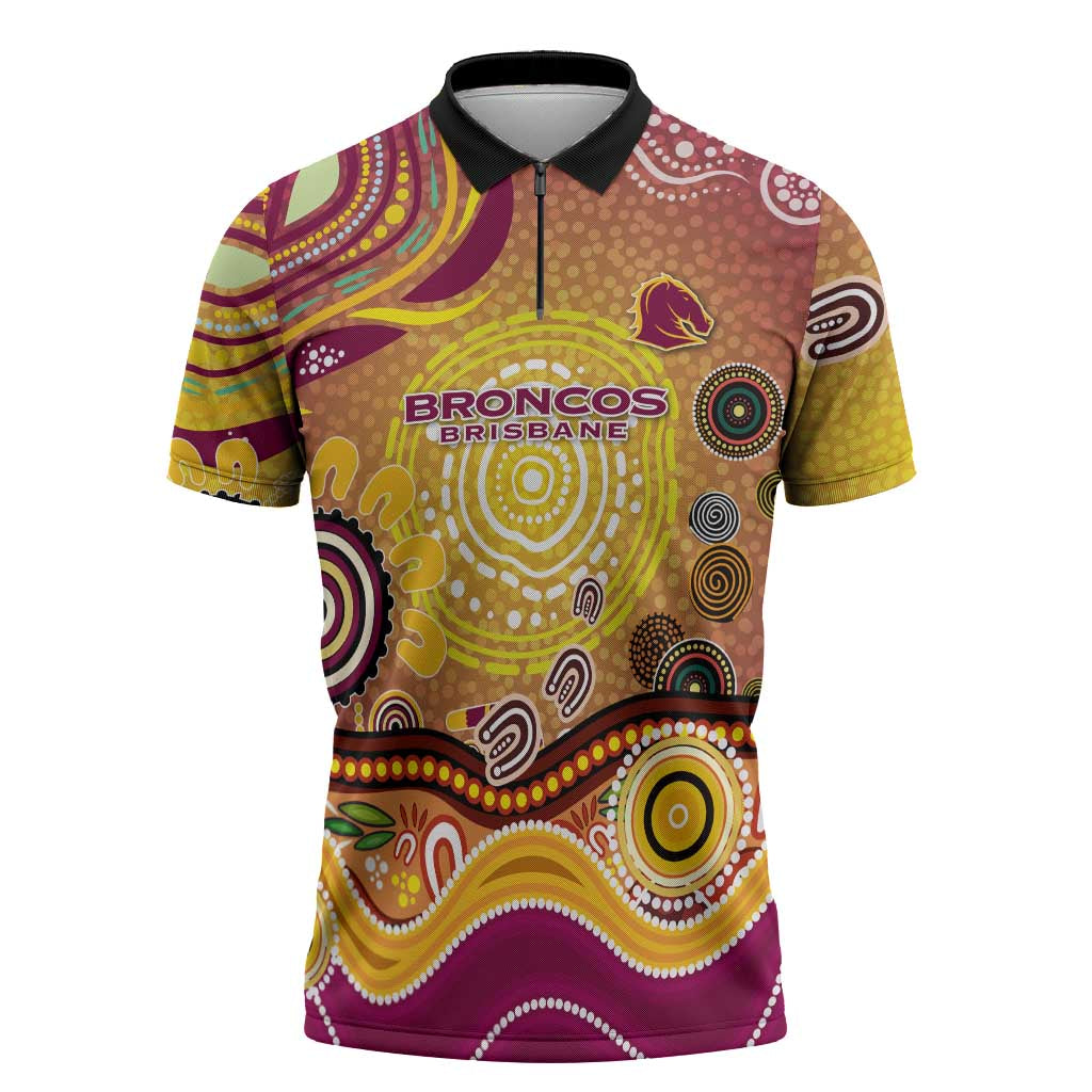 Brisbane Broncos Rugby Zipper Polo Shirt Australian Aboriginal Dot Painting Style